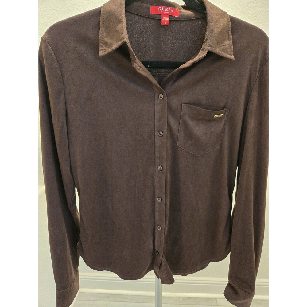 Guess Los Angeles Faux Suede Shirt S Womens Chocolate Brown Crop Utility Blouse